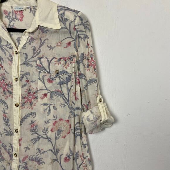 Sundance Fleur Chateau 100% Cotton Cream Pink Fray Floral Midi Dress Medium - Picture 4 of 13